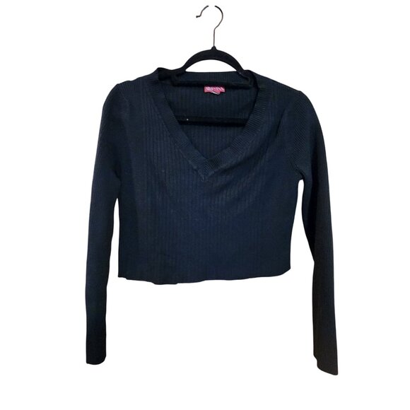 Black Ribbed Long Sleeve V-Neck Cropped Sweater By Merona Size L - Picture 1 of 3
